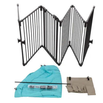 Barrière pliante en métal noir avec accessoires : tapis bleu, tige noire, pochette beige et sachet de petites pièces. Tous les éléments sont visibles séparément.