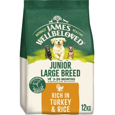 Junior large breed food for 3-20 months, rich in turkey and rice, hypoallergenic for pets with sensitivities, 12kg. Complete and balanced nutrition.