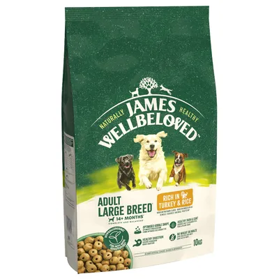 James Wellbeloved Adult Large Breed, rich in turkey and rice, for 14+ months, optimised kibble shape, healthy digestion, no wheat or maize, 10kg bag.