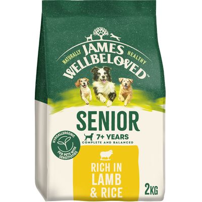 Senior pet food, suitable for 7+ years, hypoallergenic for sensitivities, rich in lamb and rice, complete and balanced, 2kg pack.
