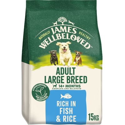 Adult large breed food for 14+ months, hypoallergenic for sensitivities, rich in fish and rice, 15kg. Complete and balanced nutrition.