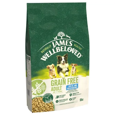 Bag labelled grain free adult, rich in fish and vegetable, hypoallergenic, easy to digest, healthy skin and coat, no wheat, 10kg. Kibble shown at bottom corner.