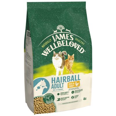 James Wellbeloved Hairball Adult, rich in turkey, for 1-7 years. Hypoallergenic, reduces hairballs, supports healthy digestion and skin. 4kg bag with kibble shown.