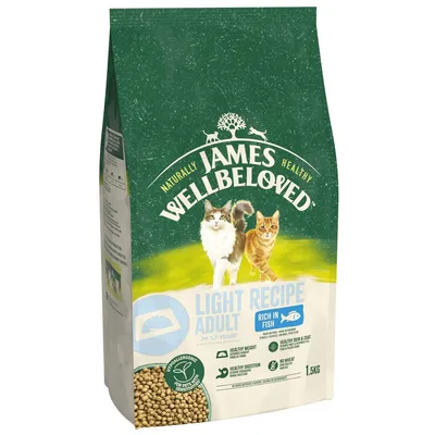 James Wellbeloved Light Recipe Adult, rich in fish, hypoallergenic, for 1-7 years, supports healthy weight and digestion, no wheat, 1.5kg bag shown with kibble visible.