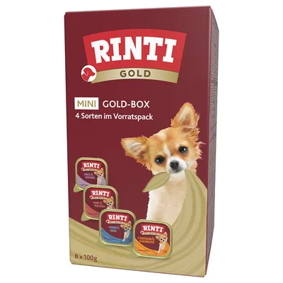 Rinti Gold Mini Gold-Box, 4 varietà in confezione scorta, 8 x 100g. Varietà: manzo e pollame, agnello e faraona, pollo e oca, tacchino e coniglio. Rinti Gold Mini Gold-Box, 4 varietà in confezione scorta, 8 x 100g. Varietà: manzo e pollame, agnello e faraona, pollo e oca, tacchino e coniglio.