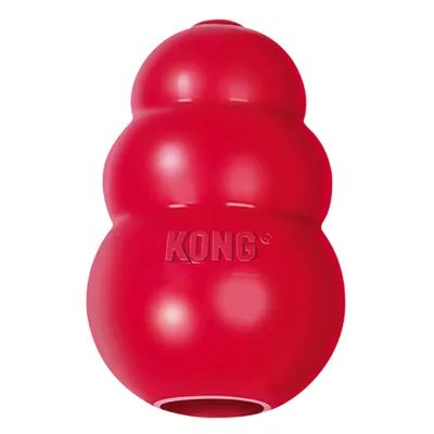 Rotes KONG-Spielzeug mit drei abgerundeten Ebenen und Öffnung, geeignet für Befüllung mit Snacks. Markenname 'KONG' sichtbar auf der Oberfläche.