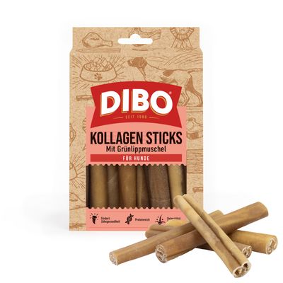 DIBO Collagen Sticks with Green-lipped Mussel for Dogs, promotes dental health, protein-rich, supports mobility. Packaging with multiple sticks visible.