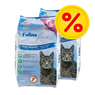 Två säckar Porta 21 Feline Finest Cats Heaven torrfoder för katt, 10 kg, med texten 'OHNE GETREIDE', bild på katt och röd procent-symbol för rabatt. Två säckar Porta 21 Feline Finest Cats Heaven torrfoder för katt, 10 kg, med texten 'OHNE GETREIDE', bild på katt och röd procent-symbol för rabatt.