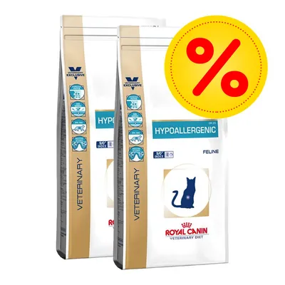 Royal Canin Veterinary Diet Hypoallergenic Feline -kuivaruokapakkaus, kaksi pussia, näkyvissä tarjousmerkki (%) oikeassa yläkulmassa