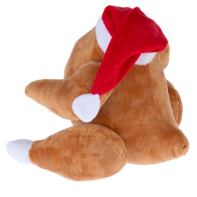 Brązowa pluszowa zabawka w kształcie indyka z czerwoną czapką świąteczną i białym pomponem.