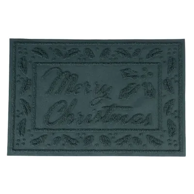 Doormat with embossed 'Merry Christmas' text and decorative leaf motifs, dark green.
