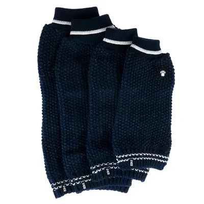 Dark blue knitted dog jumpers in various sizes with white paw logo and striped collar.