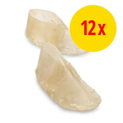 To stk. lyse tyggeben af presset materiale, stor gul cirkel med rød tekst: 12 x To stk. lyse tyggeben af presset materiale, stor gul cirkel med rød tekst: 12 x