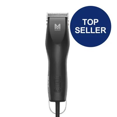 Moser Haarschneidemaschine in Schwarz mit blauem Kreis und Text 'Top Seller'.