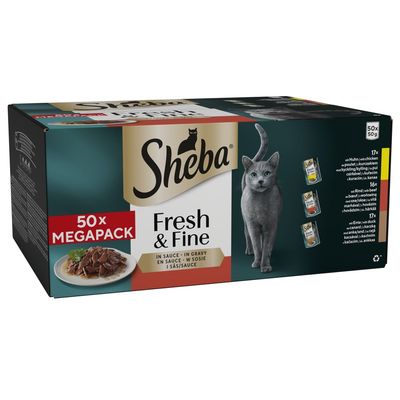 Sheba Fresh & Fine in Gravy 50x50g megapack, showing three pouch varieties with quantities: 17, 16, and 17. Product image includes food serving suggestion.