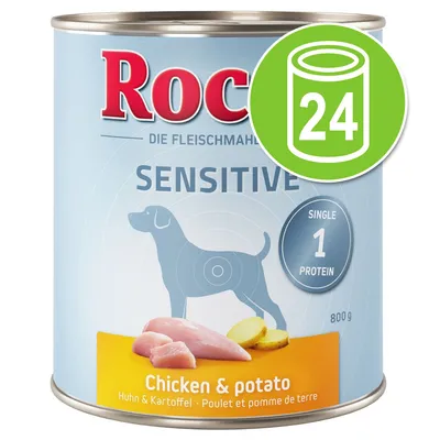 Rocco Sensitive hondenvoer, 800 g blik, smaak Chicken & potato, single protein, afbeelding van kip en aardappel, voordeelverpakking 24 blikken zichtbaar op het etiket.