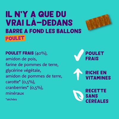 Barres de poulet avec poulet frais (40 %), amidon de pois, farine de pomme de terre, carottes, canneberges, sans céréales, riches en vitamines. Recette sans additifs artificiels.