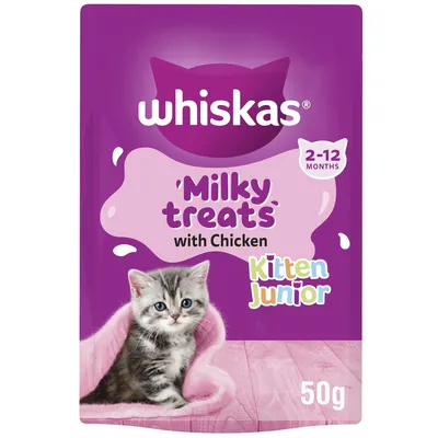 Whiskas Milky treats with chicken for kittens aged 2 to 12 months, 50g pack. Kitten Junior text and image of a kitten on the packaging.