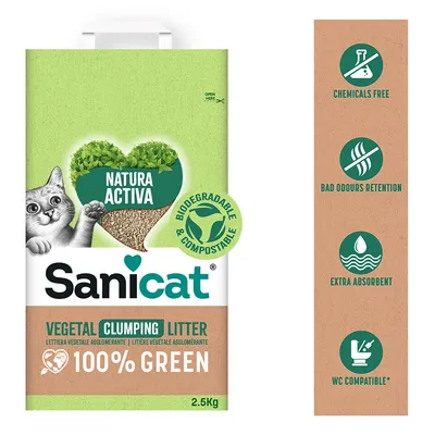 Sanicat Natura Active растяща се растителна котешка тоалетна, 100% зелена, биоразградима и компостируема. Характеристики: без химикали, неутрализираща миризми, силно абсорбираща, подходяща за тоалетна.