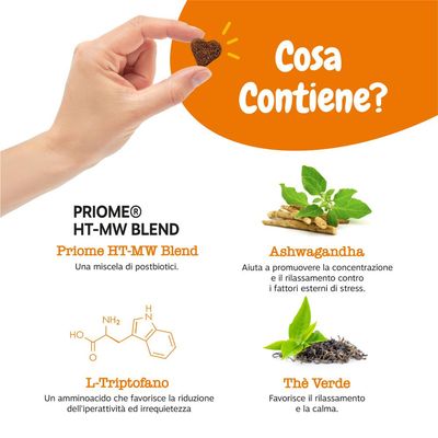 Panoramica degli ingredienti: Priome HT-MW Blend, Ashwagandha, L-Triptofano, Tè verde. Descrizione degli effetti in italiano.