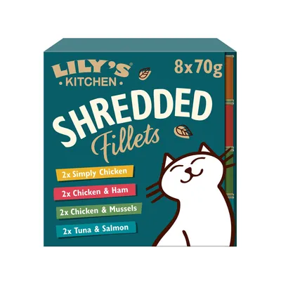 Lily's Kitchen Shredded Fillets, 8 x 70 g: 2x Simply Chicken, 2x Chicken & Ham, 2x Chicken & Mussels, 2x Tuna & Salmon. Pakkauksessa piirros kissasta.