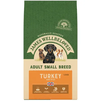 James Wellbeloved Adult Small Breed Turkey and Rice 1,5 kg, confezione con illustrazioni di cani piccoli, bandiera britannica e icone informative visibili sulla parte frontale.