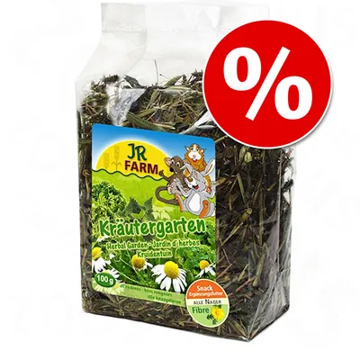 JR Farm Kräutergarten 100 g, Snack Ergänzungsfutter, Alle Nager, Fibre feliratú csomag szárított gyógynövényekkel, piros százalékos akciójelzés a sarokban.