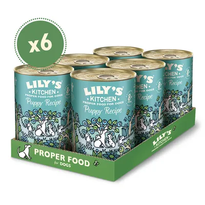 LILY'S KITCHEN Proper Food for Dogs Puppy Recipe -koiranruokaa, 6 tölkin pakkaus. Pakkauksessa teksti: '8 months+', 'PROPER FOOD for DOGS'.