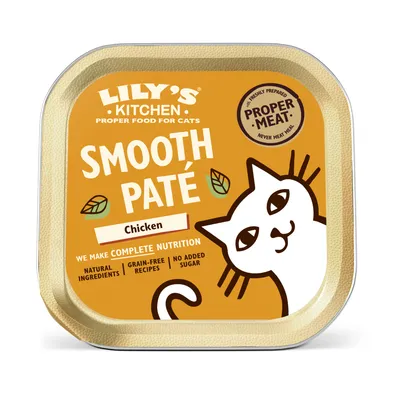 Lily's Kitchen Smooth Paté mit Huhn. Natürlich Zutaten, getreidefreie Rezepte, ohne Zucker. Frisch zubereitetes Fleisch, vollständige Ernährung für Katzen.