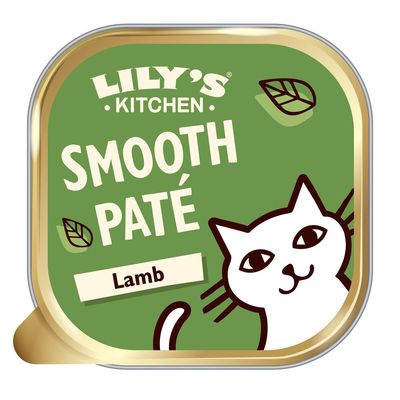 LILY'S KITCHEN SMOOTH PATÉ Lamb -kissanruoka, vihreä pakkaus, piirros kissasta ja kaksi lehtikuviota kannessa
