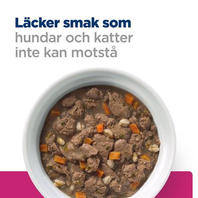 Text: Läcker smak som hundar och katter inte kan motstå. Skål med våtfoderbitar, synliga morotsbitar och kött i sås.