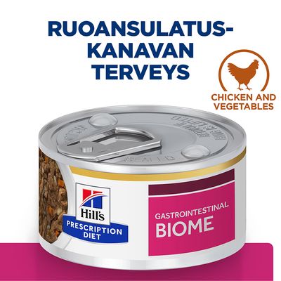Hill's Prescription Diet Gastrointestinal Biome -kana ja vihannekset. Ruoansulatuskanavan terveys. Chicken and vegetables. Säilykepurkki näkyvissä.
