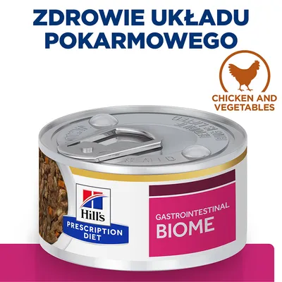 Hill's Prescription Diet Gastrointestinal Biome, zdrowie układu pokarmowego, chicken and vegetables. Puszka karmy mokrej z widocznym składem na etykiecie. Hill's Prescription Diet Gastrointestinal Biome, zdrowie układu pokarmowego, chicken and vegetables. Puszka karmy mokrej z widocznym składem na etykiecie.