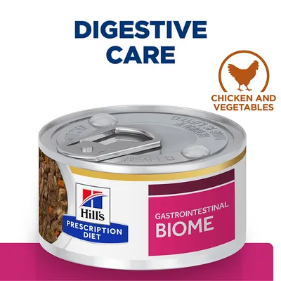 Digestive care food with chicken and vegetables, labelled as gastrointestinal biome. Prescription diet can shown with visible product contents.