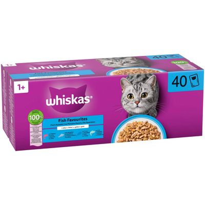 whiskas Fish Favourites, Fisk Udvalg, 40 portionsposer, fra 1+, 100% fuldgyldige og afbalancerede måltider, i gelé