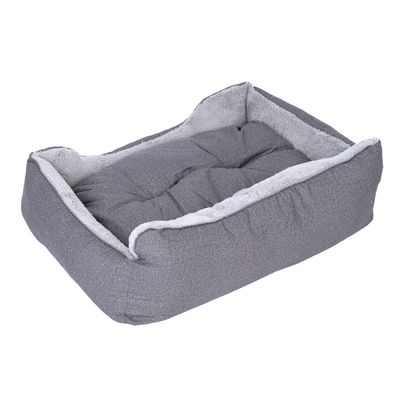 Letto per animali rettangolare grigio con imbottitura morbida e interno chiaro in peluche.
