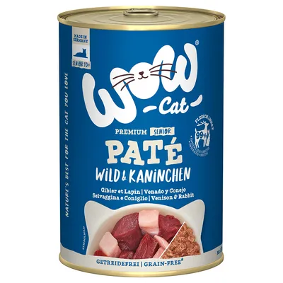 WOW Cat Premium Senior Paté vaddal és nyúllal, Made in Germany, gabonamentes, 99% hústartalom, 10 év feletti macskáknak.