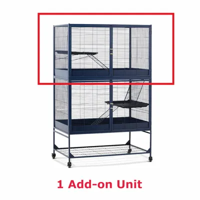Extension supérieure de cage en métal avec étagère et rampe, encadrée en rouge. Texte visible : 1 Add-on Unit (anglais). Extension supérieure de cage en métal avec étagère et rampe, encadrée en rouge. Texte visible : 1 Add-on Unit (anglais).