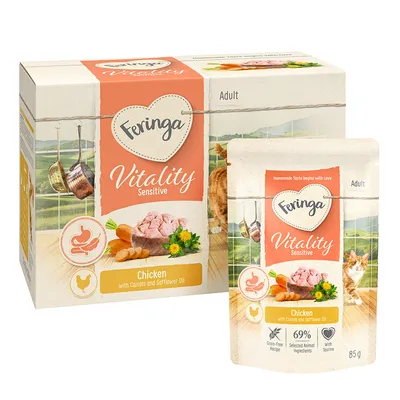 Feringa Vitality Sensitive Adult. Huhn mit Karotten und Distelöl, getreidefreie Rezeptur, ausgewählte Zutaten, mit Taurin. Packung 85g.