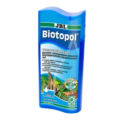 JBL Biotopol Wasseraufbereiter für Süsswasser. Bereitet Leitungswasser schnell zu biotopgerechtem Aquarienwasser auf. Für 1000 l, mit Aloe Vera und Vitamin B-Komplex.