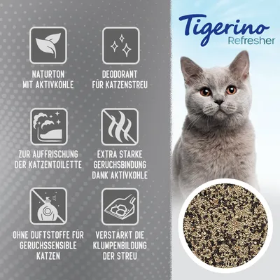 Tigerino Refresher. Naravna glina z aktivnim ogljem, dezodorant za mačje stelje, osvežitev mačjega stranišča, močno vezanje vonjav, brez dišav za občutljive mačke, okrepljeno sprijemanje.