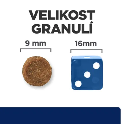 Velikost granulí: kulatá granule průměr 9 mm vedle modré kostky s hranou 16 mm pro porovnání velikosti.