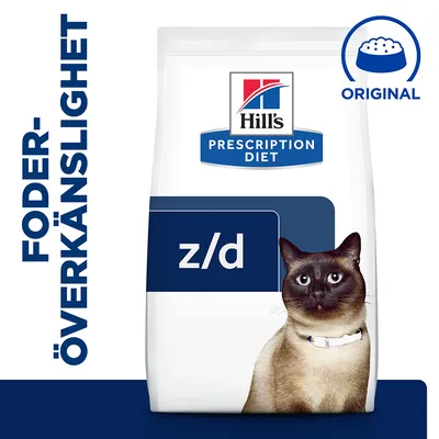 Hill's Prescription Diet z/d kattfoder, text: FODERÖVERKÄNSLIGHET och ORIGINAL, bild på katt på förpackningen. Hill's Prescription Diet z/d kattfoder, text: FODERÖVERKÄNSLIGHET och ORIGINAL, bild på katt på förpackningen.