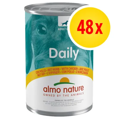 Almo Nature Daily con pollo, confezione da 48 lattine per cani adulti. Testo visibile: 'con pollo', 'Daily', 'almo nature', 'owned by the animals'. Almo Nature Daily con pollo, confezione da 48 lattine per cani adulti. Testo visibile: 'con pollo', 'Daily', 'almo nature', 'owned by the animals'.