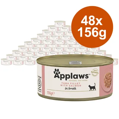 Applaws Katzenfutter, Thunfischfilet mit Lachs in Brühe, 48 Dosen à 156g, 100% natürliche Zutaten, zertifiziert durch B Corporation.