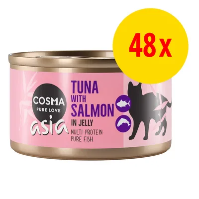 Cosma Pure Love Asia, boîte rose avec texte 'Tuna with Salmon in Jelly', 'Multi Protein Pure Fish', silhouette de chat, lot de 48x indiqué en jaune et rouge.