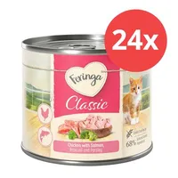 Feringa Classic, lot de 24x boîtes. Poulet avec saumon, brocoli et persil. 68 % ingrédients d’origine animale visibles sur l’emballage. Image d’un chaton sur la boîte.