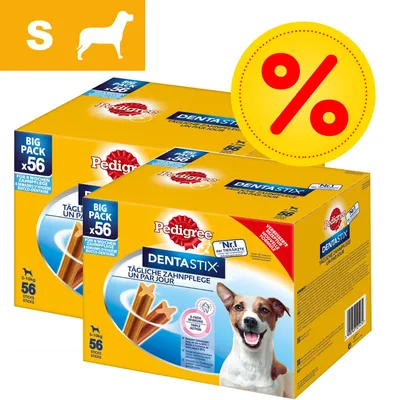Pedigree Dentastix för små hundar, big pack x56. För daglig tandvård. Gul rabattmärke med procenttecken synligt. Förpackning visar 5–10 kg, 56 sticks. Pedigree Dentastix för små hundar, big pack x56. För daglig tandvård. Gul rabattmärke med procenttecken synligt. Förpackning visar 5–10 kg, 56 sticks.