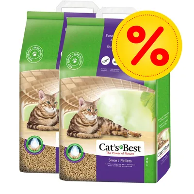 Två förpackningar Cat's Best Smart Pellets kattsand med bild på katt och stor gul rabatt-symbol (%) uppe till höger.