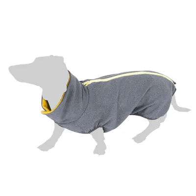 Manteau pour chien gris avec doublure jaune et fermeture éclair sur le dos, présenté sur une silhouette de chien.